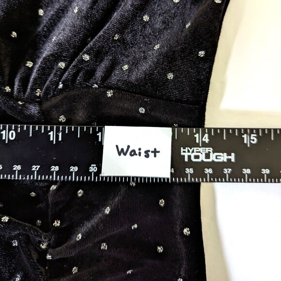 Betsey Johnson Power Shoulder Black Velvet Dress Metallic Silver Polk Dot Size M - Picture 11 of 15